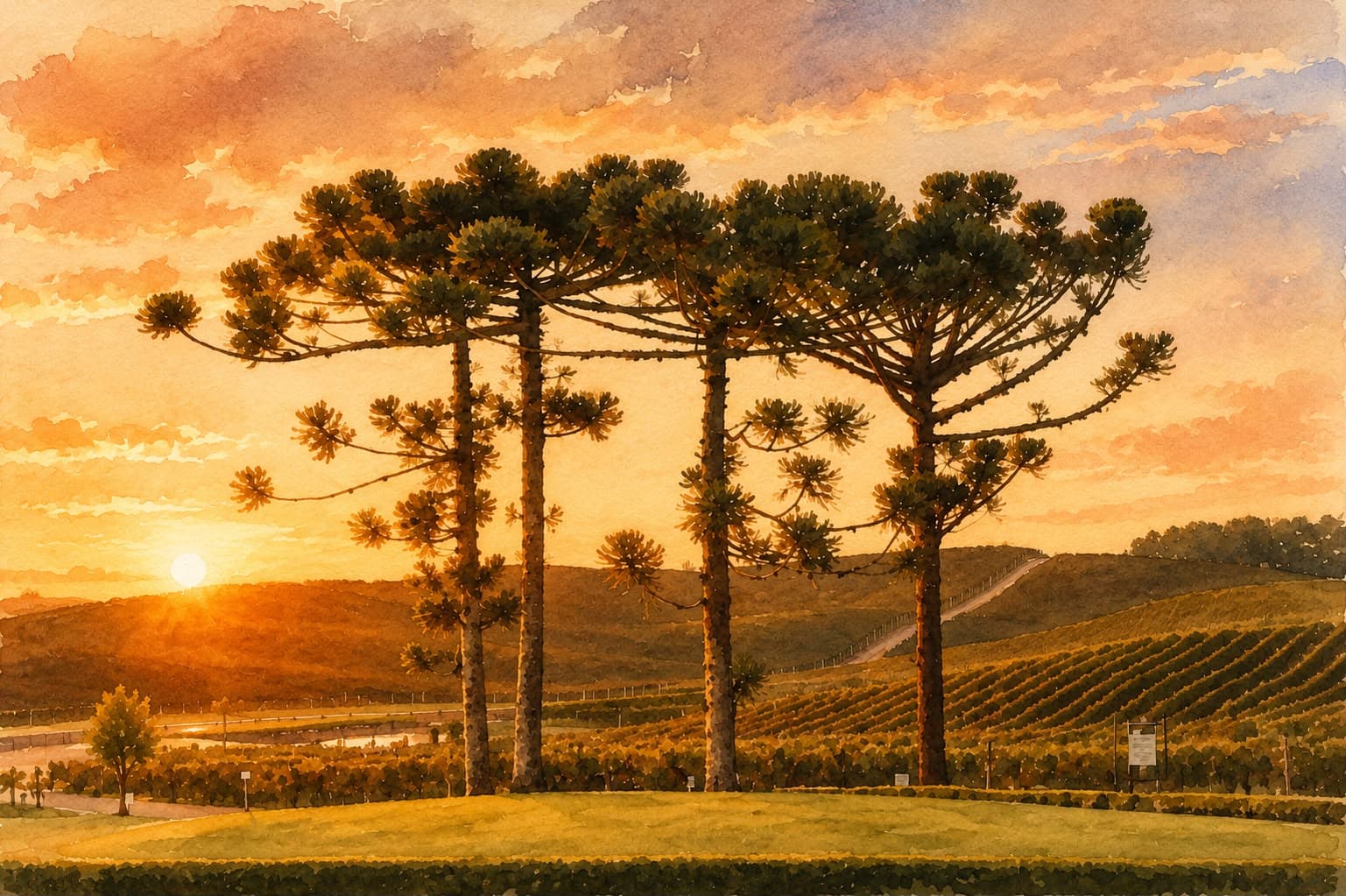 Aquarela de araucárias ao entardecer
